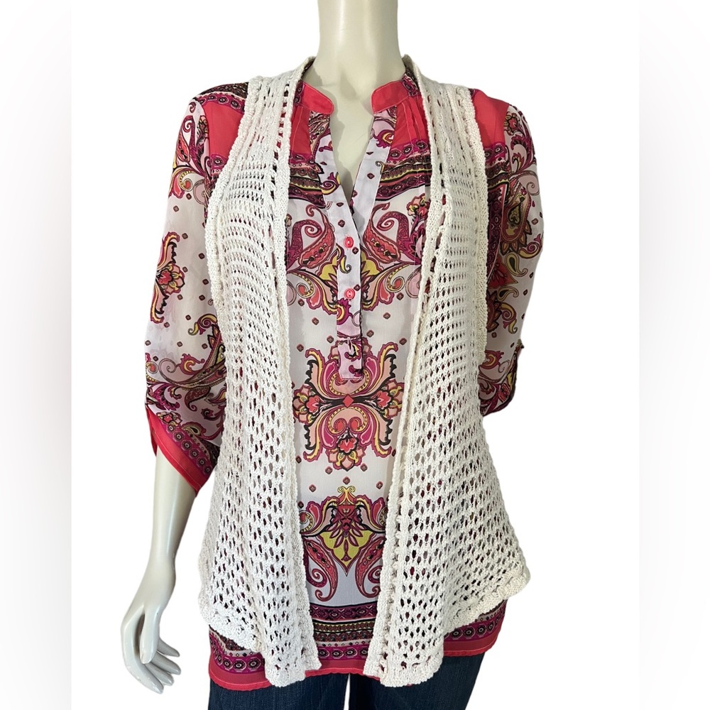 Mudd Women's 100% Cotton Beige Boho Crochet Sleeveless Sweater Vest Size XL